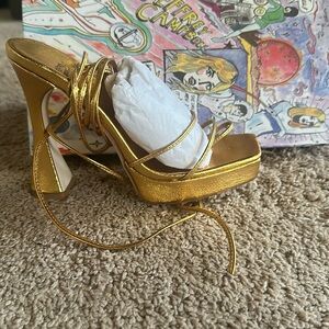 Jeffrey Campbell Strappy Gold Heels with Metallic Accents